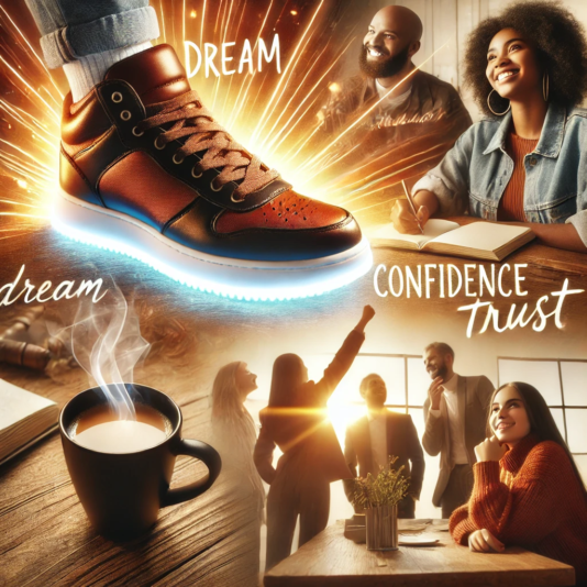 A photorealistic collage featuring a close-up of stylish shoes with a glowing trail behind each step, a steaming cup of coffee on a desk with morning (0-00-00-00)